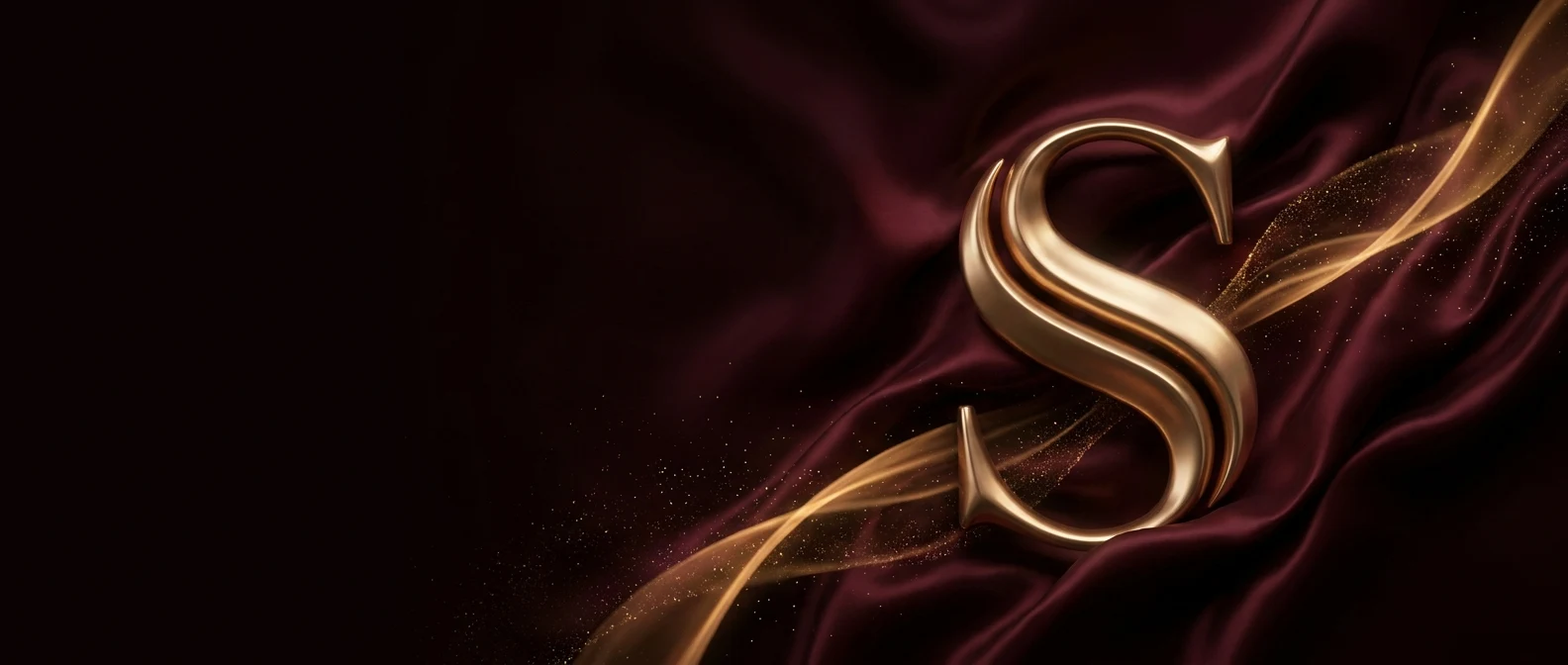 A golden letter 'S' on flowing burgundy silk with sparkling highlights.